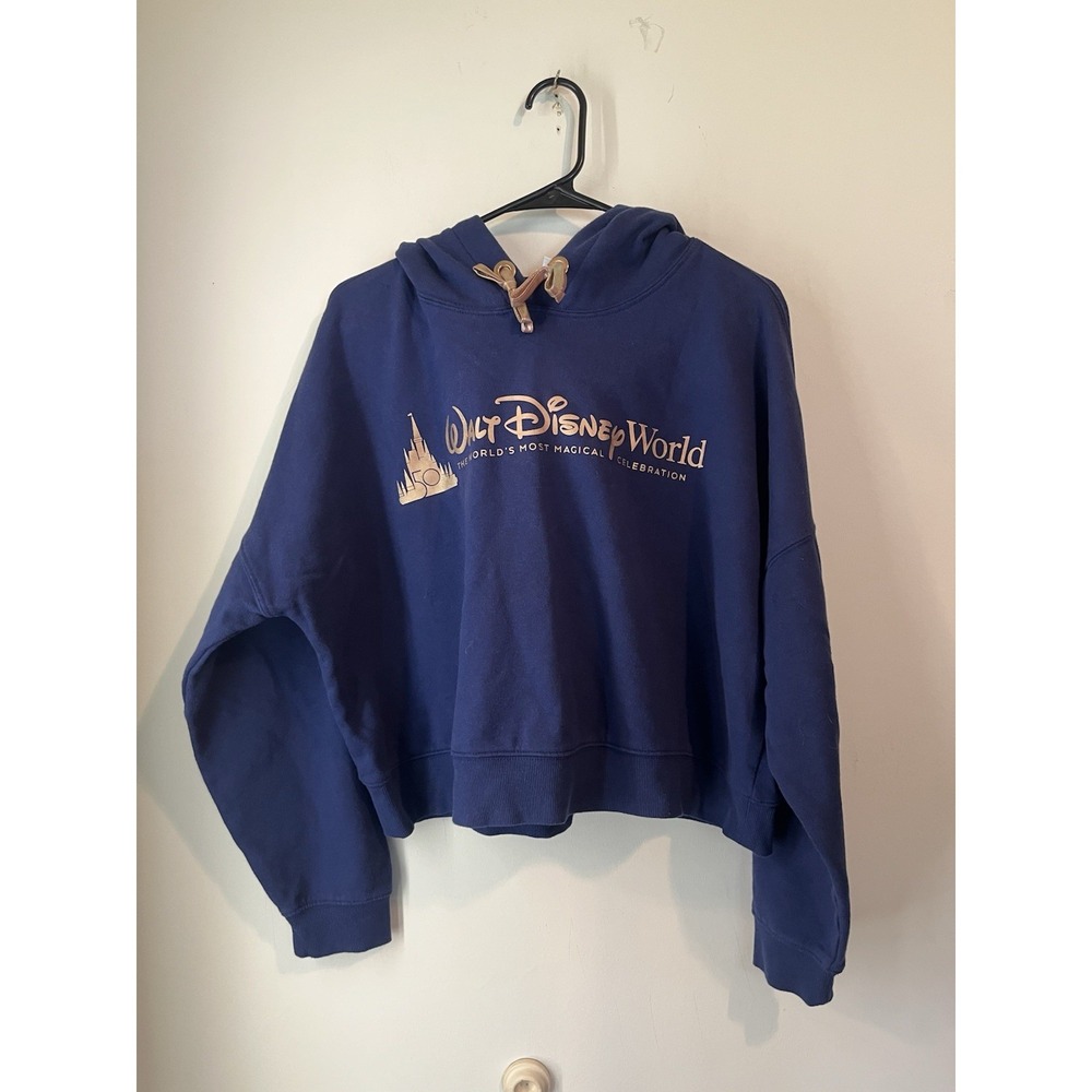 Walt Disney World 50th Anniversary Navy Castle Crop Hoodie Womens Lg Sweatshirt
